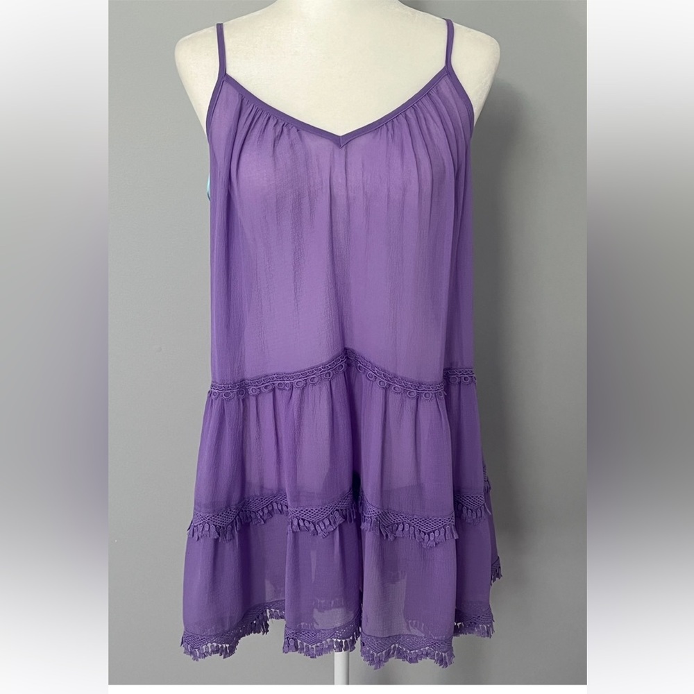 Ramy Brook Maia Sheer Mini Dress Coverup Purple Pullover Spaghetti Strap‎ Size S